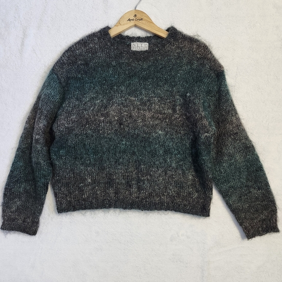 Vntage NELL FLOWERS Mohair Wool Blend Knit Pullover Sweater Green Gray Ombre S/M - Picture 8 of 11